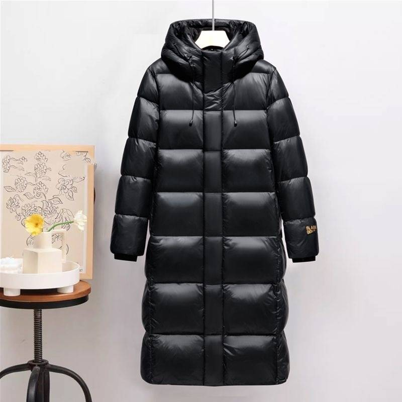 Lange Daunenjacke für Herren und Damen – 600FP weiße Entenfedern, wasserdichter Wintermantel mit glänzender Oberfläche (Schwarz, S-3XL, )_voghion.com