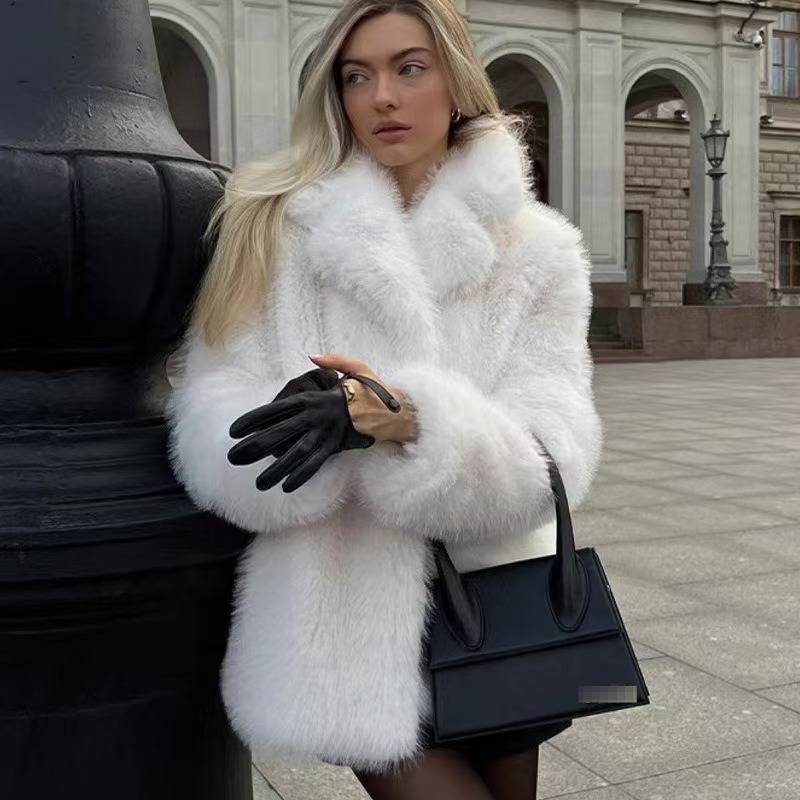 Elegant Faux Fur Coat For Women - Ins Fashion Solid Color Winter Jacket With Notched Lapel, Long Sleeve Mid-Length Outerwear For Office & Casual_voghion.com