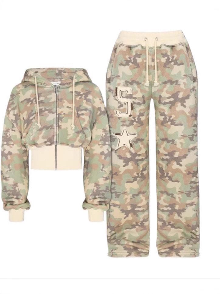 Conjunto de sudadera y pantalón de camuflaje a la moda: conjunto de dos piezas con estampado 3D para mujer, sudadera deportiva de poliéster cómoda en tallas XXS-6XL._voghion.com