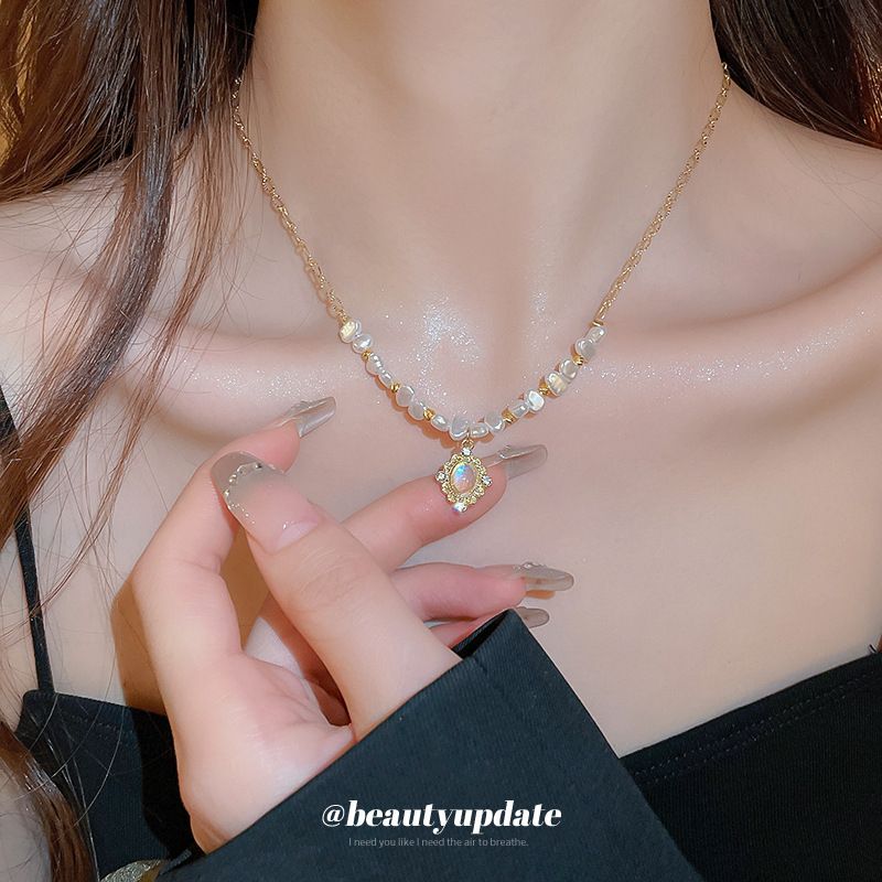 Franse hofstijl maansteen parelketting High-end mode lichte luxe sleutelbeenketting veelzijdige choker_voghion.com