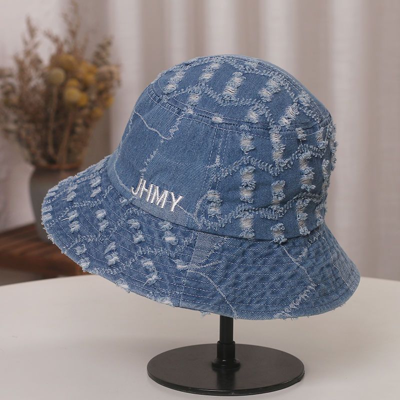 Simple Letter Embroidered Denim Bucket Hat Women's New Ripped Breathable Sunshade Washbasin Hat_voghion.com