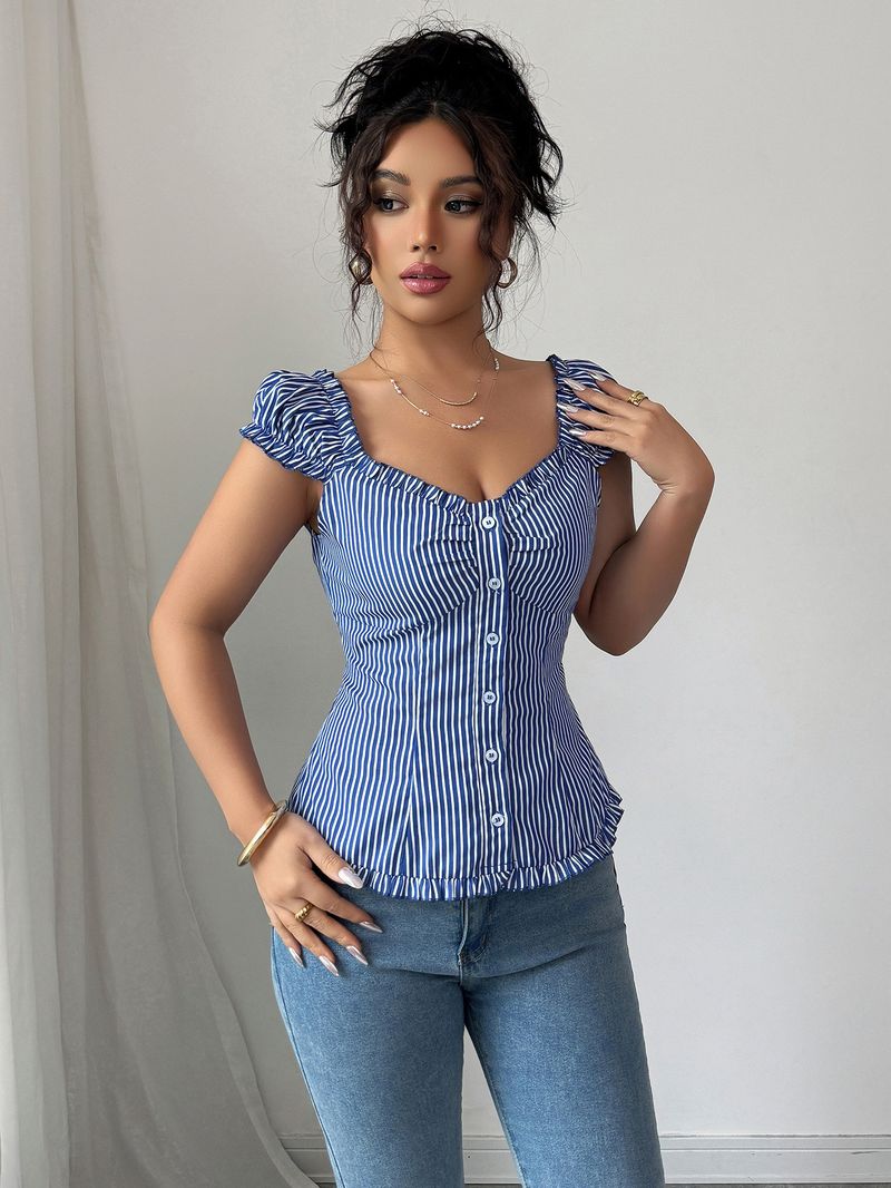 Abbigliamento da donna, elegante camicia a maniche corte a righe con bottoni, abbigliamento da donna_voghion.com