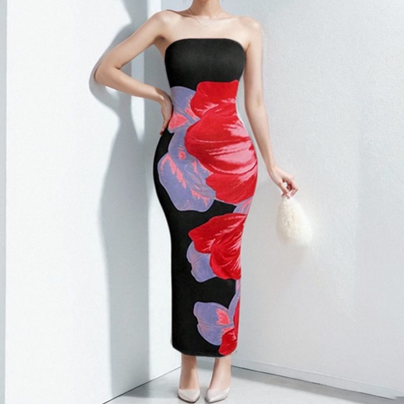 Spring New Women's Fashion Elegant Bodycon Off-Shoulder Printed Dress_voghion.com