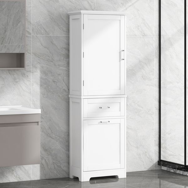 Tall Bathroom Storage Cabinet, Freestanding Storage Cabinet With Two Different Size Drawers And Adjustable Shelf, MDF Board With Painted Finish, Whi_voghion.com