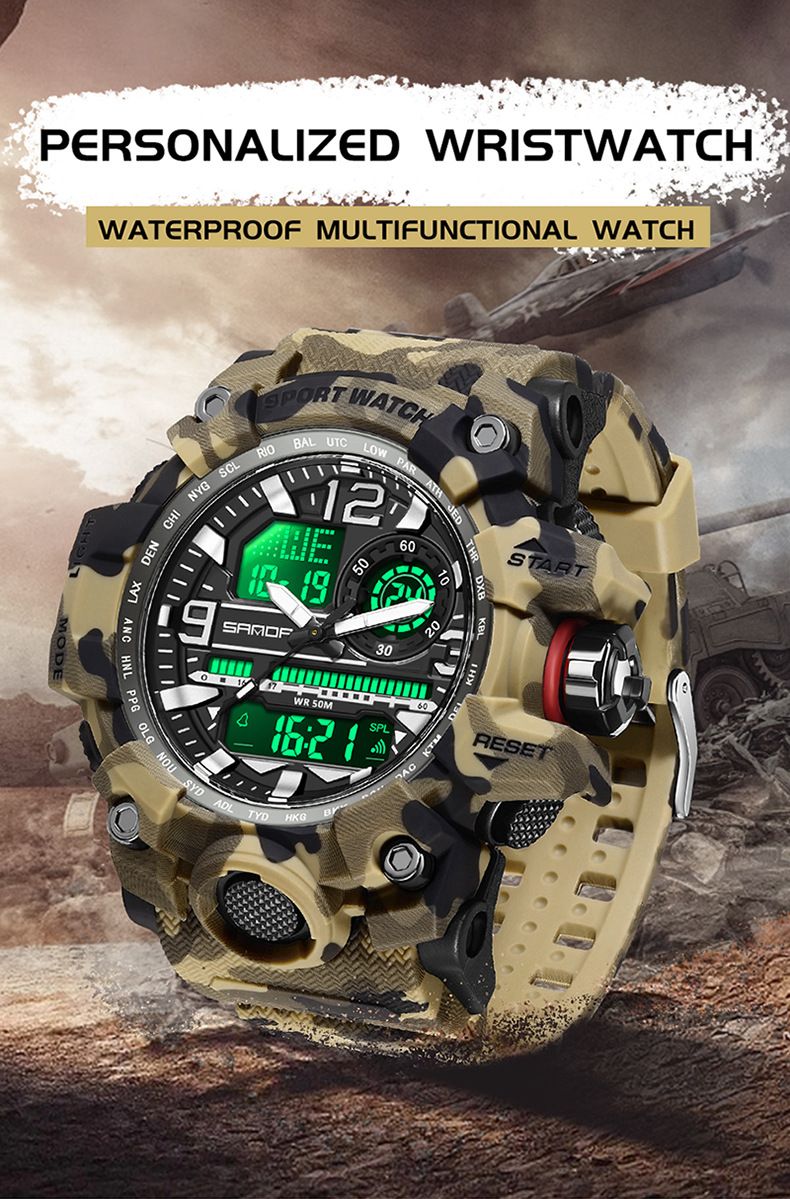 Orologio sportivo digitale mimetico robusto con doppio display, sveglia, cronometro e resistenza all'acqua fino a 50 m per uomo, orologio sportivo elettronico impermeabile_voghion.com