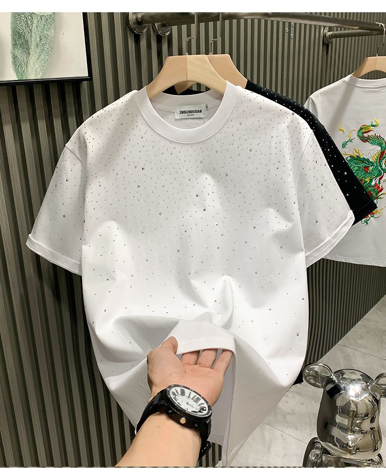Marca de moda europea de moda ligera de lujo para hombres, pantalones cortos de Internet, celebridades, nicho, diamantes calientes, cuello redondo de alta gama_voghion.com