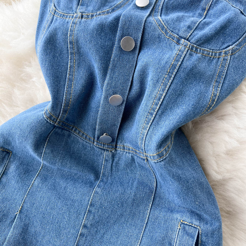 Moteriški vintažinio stiliaus darbo drabužiai Smocked Jumpsuit Džinsai plačiomis kojomis_voghion.com