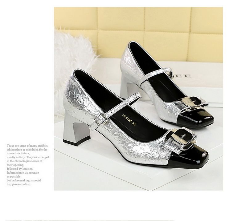 5298-K91 Wind Damenschuhe Vielseitiger mittlerer dicker Absatz leichter Mund Farbblock Metallschnalle Schleifenriemen Einzelschuh_voghion.com