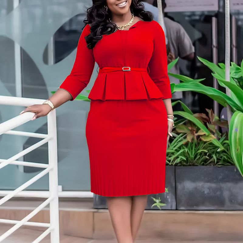 Women's Clothing V Neck Ruffled High Waist Slim OL Commuter Pencil Skirt_voghion.com