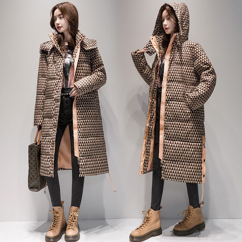 Women's Long Plaid Puffer Coat With Hood, Thickened Knee-Length Quilted Down Jacket For Winter, Oversized Casual Parka_voghion.com
