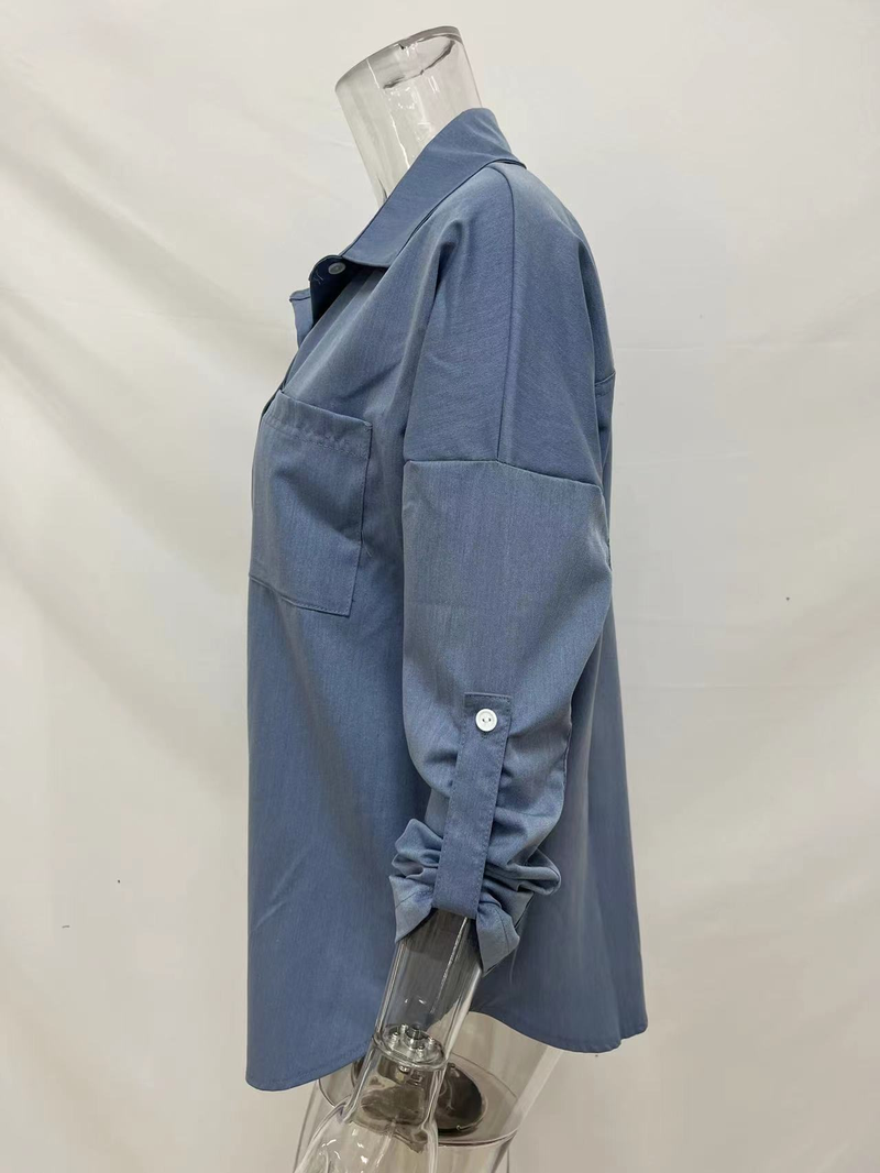 Camicia in denim da donna, camicia da cappotto casual all-match a maniche lunghe con doppia tasca ampia_voghion.com