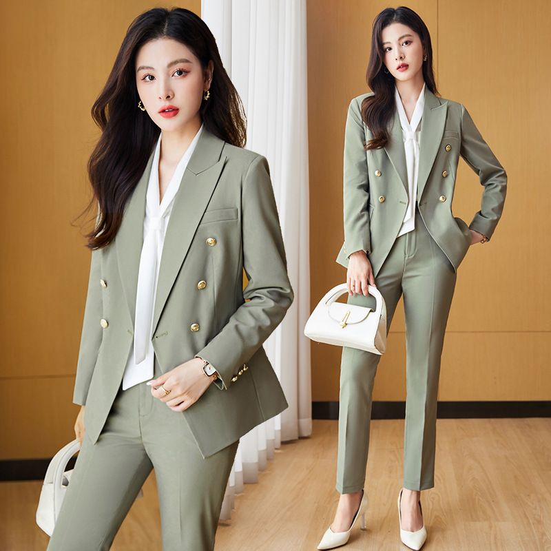 Kadınlar İçin Yeşil Küçük Takım Elbise 2022 Sonbahar Kış Yeni Moda Şık Profesyonel Slim Fit Blazer İş Giyim Seti_voghion.com