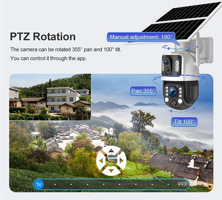 Caméra de sécurité solaire extérieure 6 MP, zoom 99X, Wi-Fi/4G, version UE, vision nocturne, étanchéité IP66, stockage sur carte TF, caméra de surveillance à énergie solaire._voghion.com