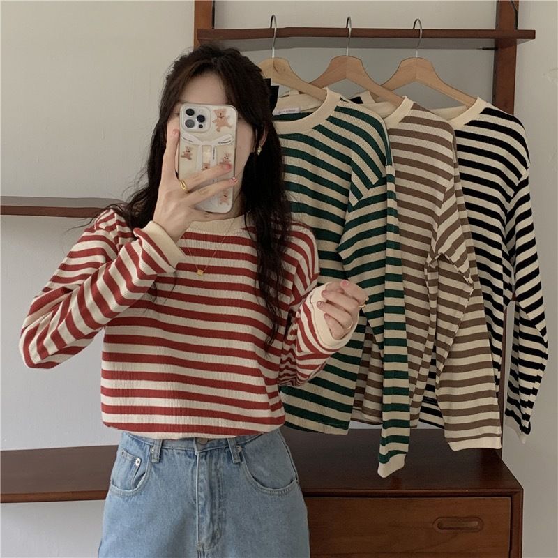 Maglietta a maniche lunghe con base a righe color-block per donna, elegante e casual, per l'inizio dell'autunno, per il pendolarismo_voghion.com