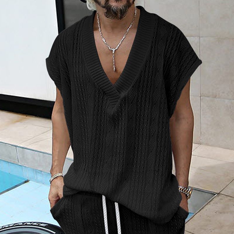 Summer New Oversized Men's Casual Large V-Neck Loose Jacquard Knit Vest_voghion.com