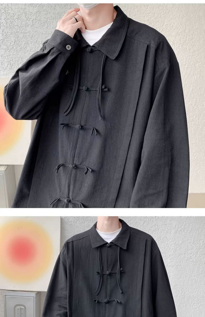 New Chinese Long Sleeved Shirt With Button Closure For Men's Spring And Autumn Designs, Oversized Tang Style Shirt,_voghion.com