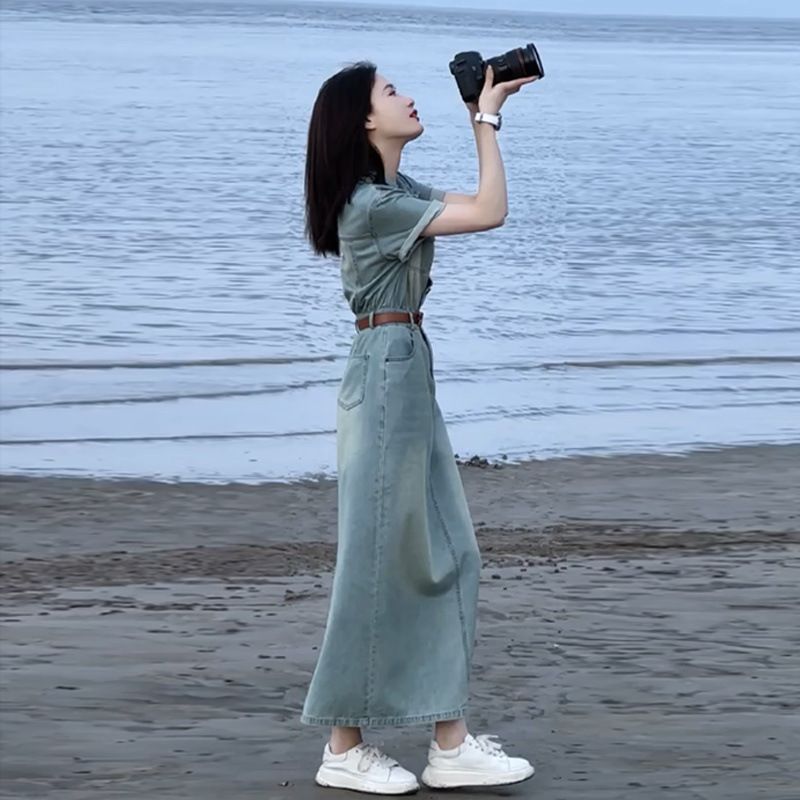Abito lungo in denim da donna, estate 2025, nuovo, di alta qualità, in stile Hong Kong._voghion.com