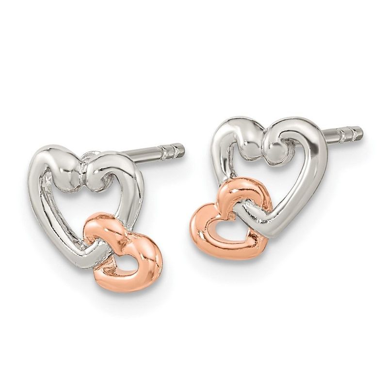 Sterling Silver Rhodium/Rose Gold-plated Polish Double Heart Post Earrings_voghion.com