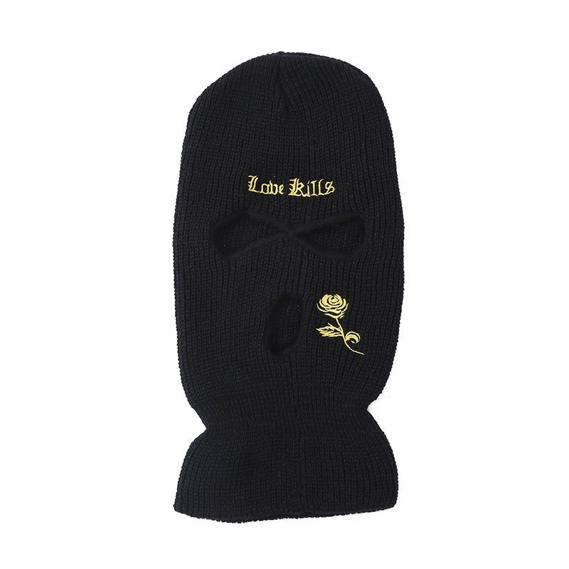 Cappello lavorato a maglia a tre fori per autunno e inverno con ricamo di rose - Cappello caldo per l'inverno e l'autunno per sci, ciclismo e attività all'aperto_voghion.com