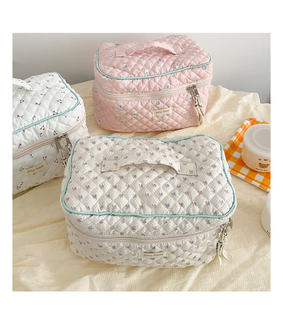 Niedliche Quilting Baumwolle Make-Up Tasche Frauen Reißverschluss Kosmetik Organizer Weibliche Tuch Handtasche Box Form Tragbarer Kulturbeutel Für Mädchen_voghion.com