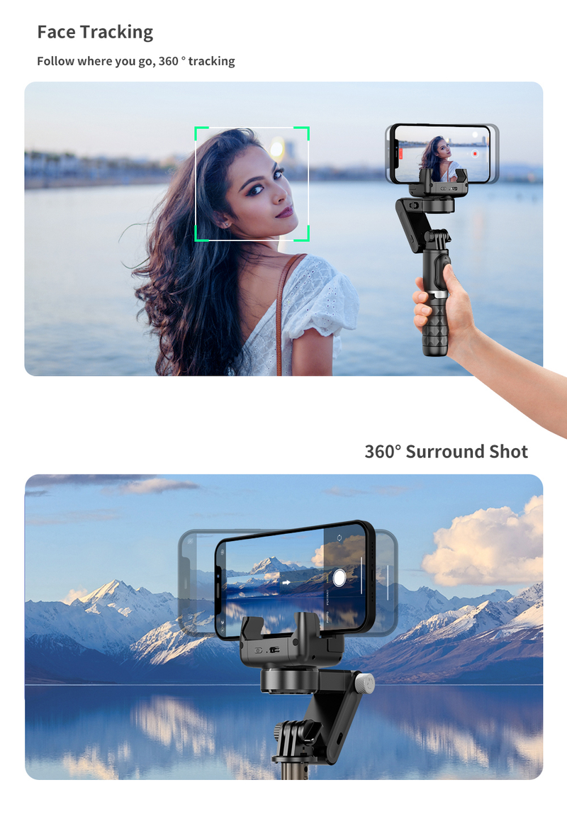 Estabilizador de articulación universal para smartphone, trípode selfie de 2 ejes, con seguimiento facial, rotación de 360°, puerto 4 en 1_voghion.com