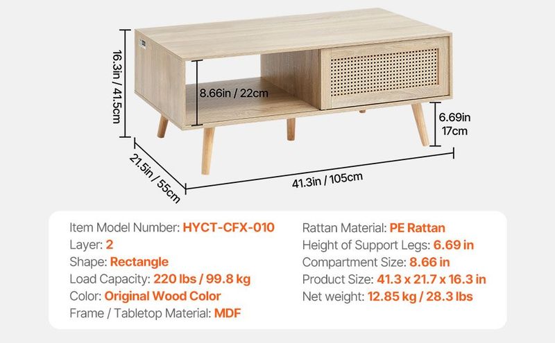 VEVOR Rattan Coffee Table, Mid Century Coffee Table, Rectangle Wood Coffee Table, 42 Inch Modern Boho Style Two Layers Storage Coffee Table, For Living Room, Bedroom & Small Spaces_voghion.com