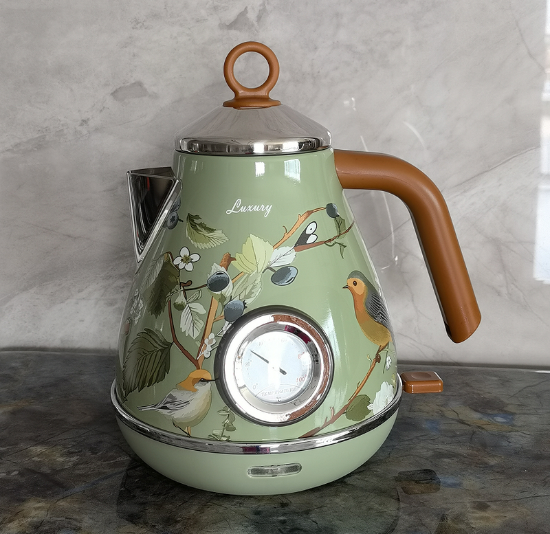 PS3013Ta Flower ūdenszīme krāsota elektriskā tējkanna retro instrumenta termometrs elektriskā tējkannas snīpis var pievienot ūdeni 1850W, lai ātri uzvārītu_voghion.com