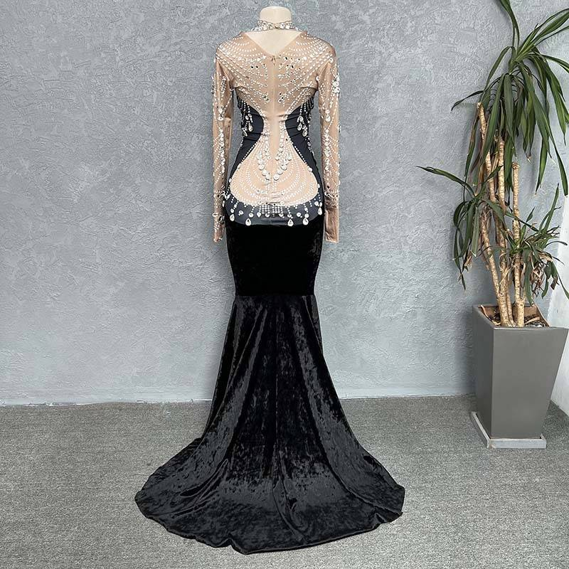 Women’s Clothing Elastic Velvet Fabric, Rhinestone, Sequin, Tassel, Sexy And Figure-hugging Custom Performance Costume Evening Dress_voghion.com