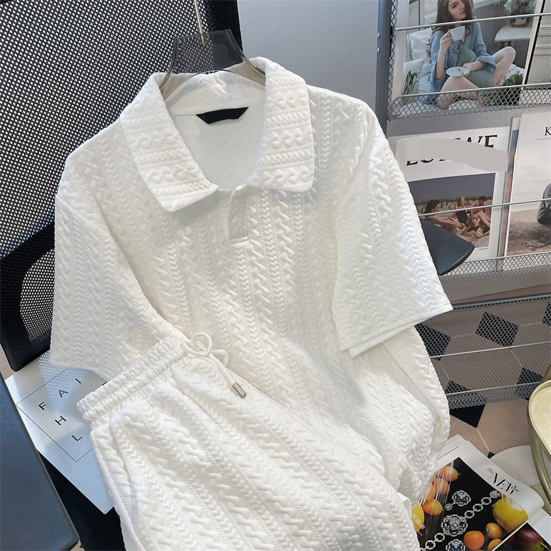 Ropa de verano para hombre, nueva camiseta holgada sencilla de manga corta, traje blanco de dos piezas a la moda_voghion.com