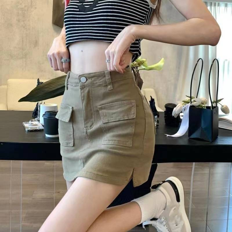 Women's Clothing Khaki Denim Skirt Women Summer New High Waist Slim Niche Pocket A Line Short Skirt Hip Skirt_voghion.com
