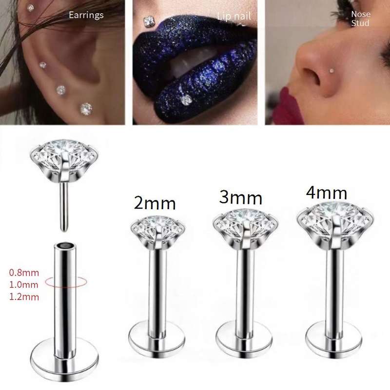 Piercing per labbra, piercing per naso, piercing per orecchie, piercing in acciaio inossidabile con quattro griffe e zirconi._voghion.com