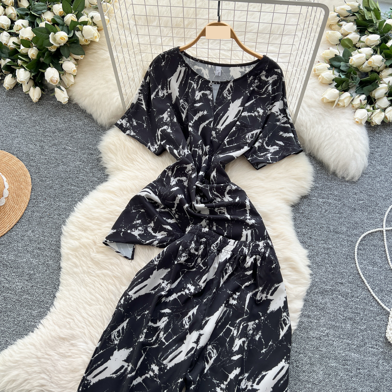 Women's Clothing Two Piece Suit Cross Waist Round Neck Short Sleeves Printed Top High Waist Casual Wide Leg Pants_voghion.com