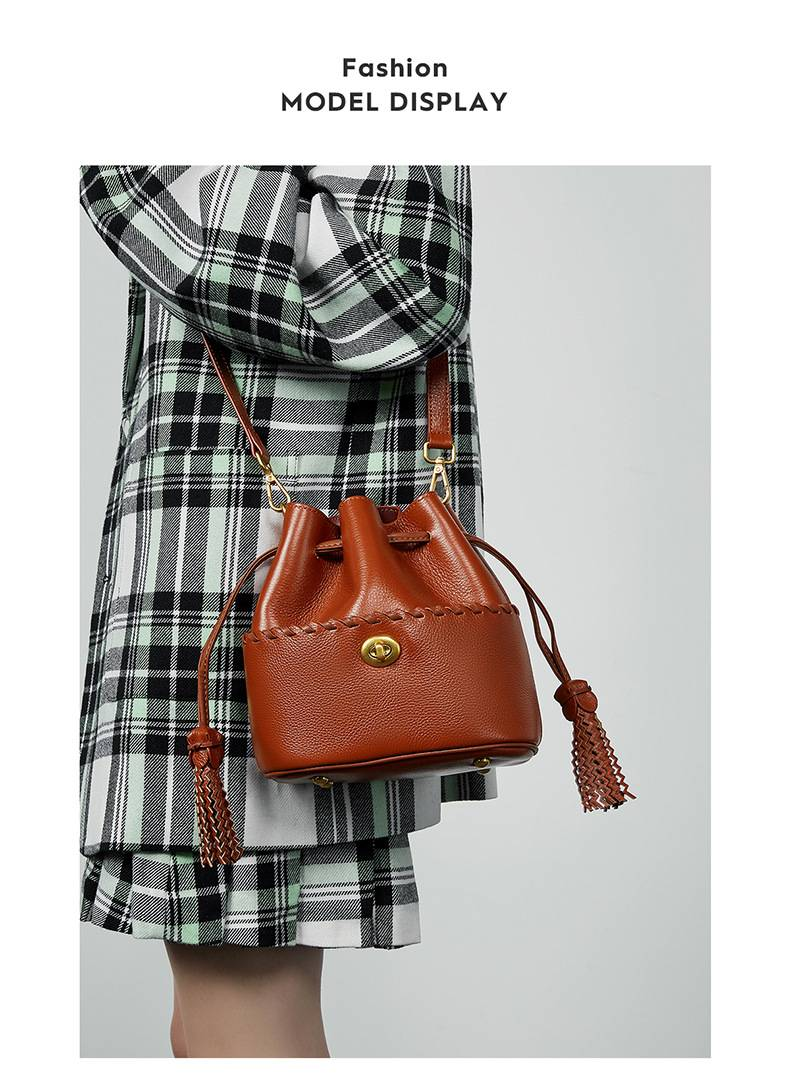 KOSE High-grade First-layer Cowhide Bucket Bag New Genuine Leather Women's Bag Tassel Niche Drawstring Shoulder Messenger Bag_voghion.com