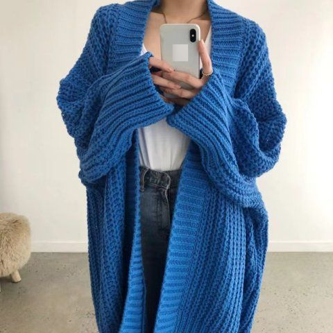 Cárdigan largo extragrande y elegante con dobladillo asimétrico - Suéter de punto de poliéster suave para mujer_voghion.com