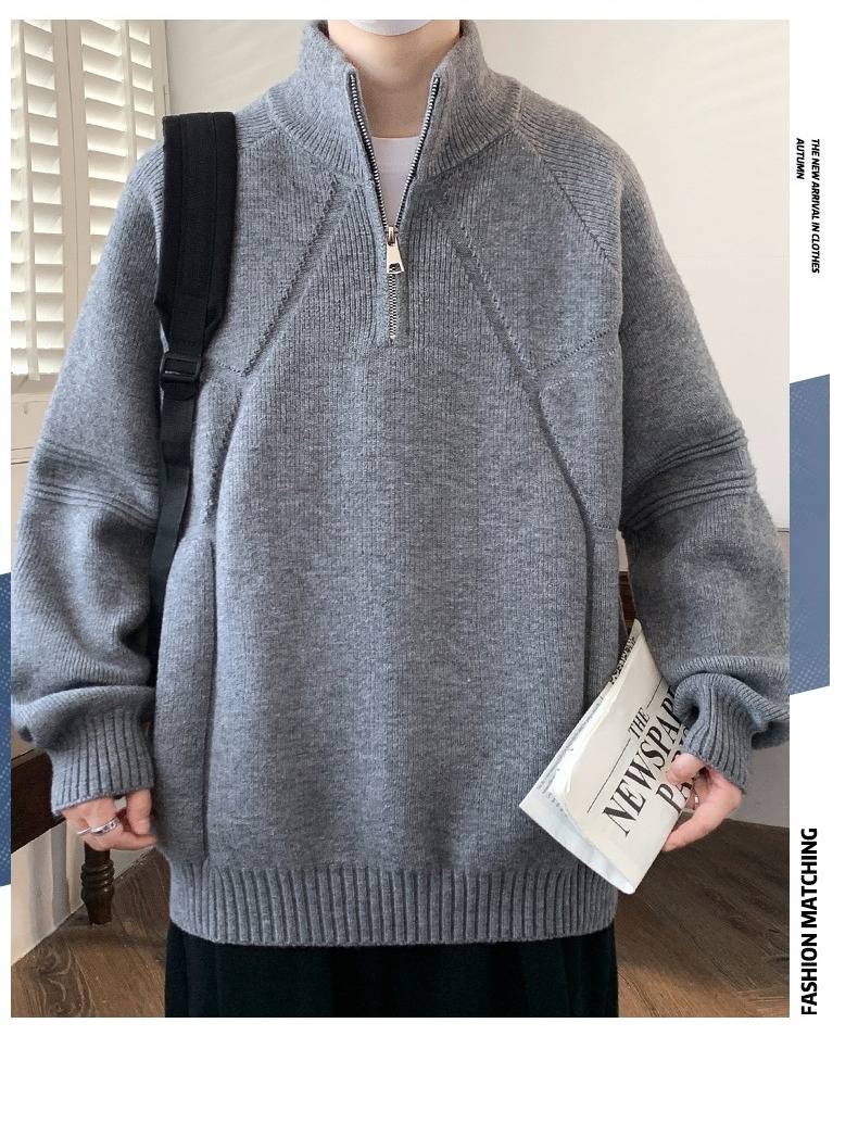 Men's Half-Turtleneck Zip-Up Sweater, Winter Knit Pullover With Stylish Design, Soft Comfortable Loose Fit Casual Wear Pure Color Stretchable Fabric_voghion.com