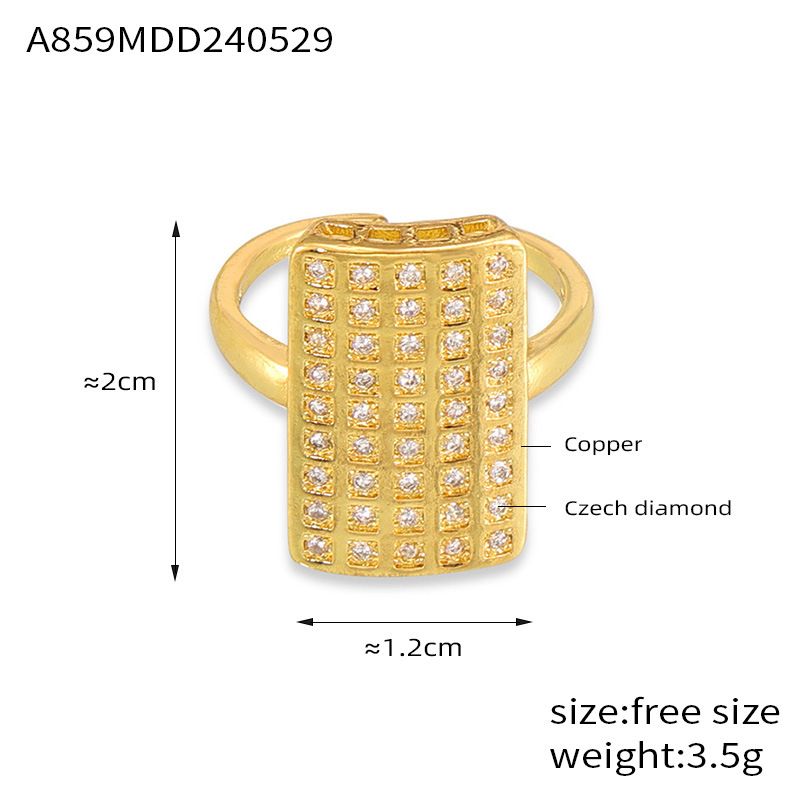 Bague ouverte en cuivre plaqué or, style hip-hop, personnalité exagérée, niche, design géométrique unique, large et entièrement en diamant_voghion.com