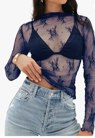 Haut transparent en dentelle et maille transparente - Chemisier sexy avec col montant et broderie florale_voghion.com