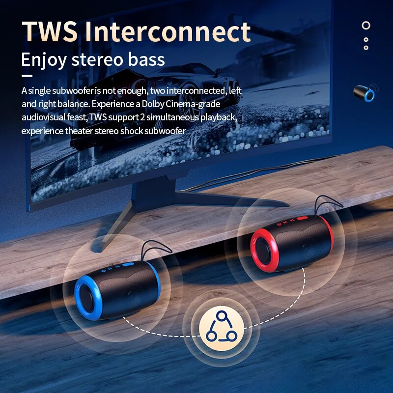 Przenośny głośnik Bluetooth TWS z wodoodpornym, bezprzewodowym radiem zewnętrznym i kolumną głośnikową obsługujący kartę TF, stereofoniczny odtwarzacz muzyki 3D Hi-Fi_voghion.com