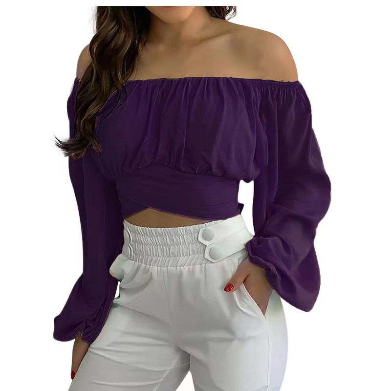 K Damen-Langarmtop mit schulterfreiem Ausschnitt und gekreuzten Trägern_voghion.com