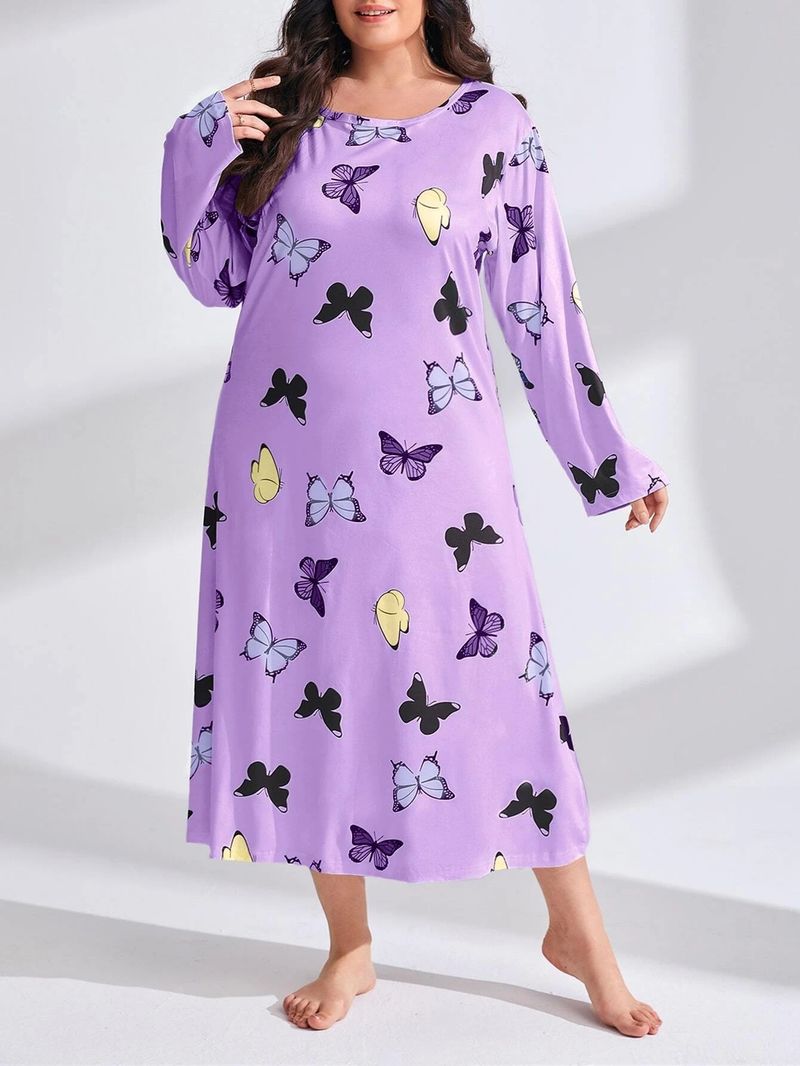 Damenbekleidung Langärmliges Nachthemdkleid mit Schmetterlings- und Herz-Leopardenmuster, überschnittener Schulter, großer Größe_voghion.com