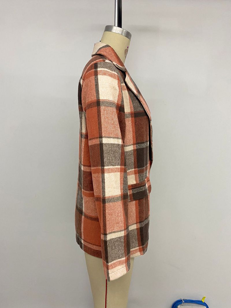 Women's Clothing Casual Retro Loose Brushed Plaid Blazer For Women - Oversized Office & Street Style Polyester Blend Long Sleeve Jacket_voghion.com