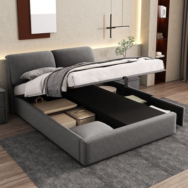 Cadre de lit coffre hydraulique rembourré en velours avec 3 tiroirs, sommier à lattes, tête de lit, 140 x 200 cm, gris, matelas non inclus_voghion.com