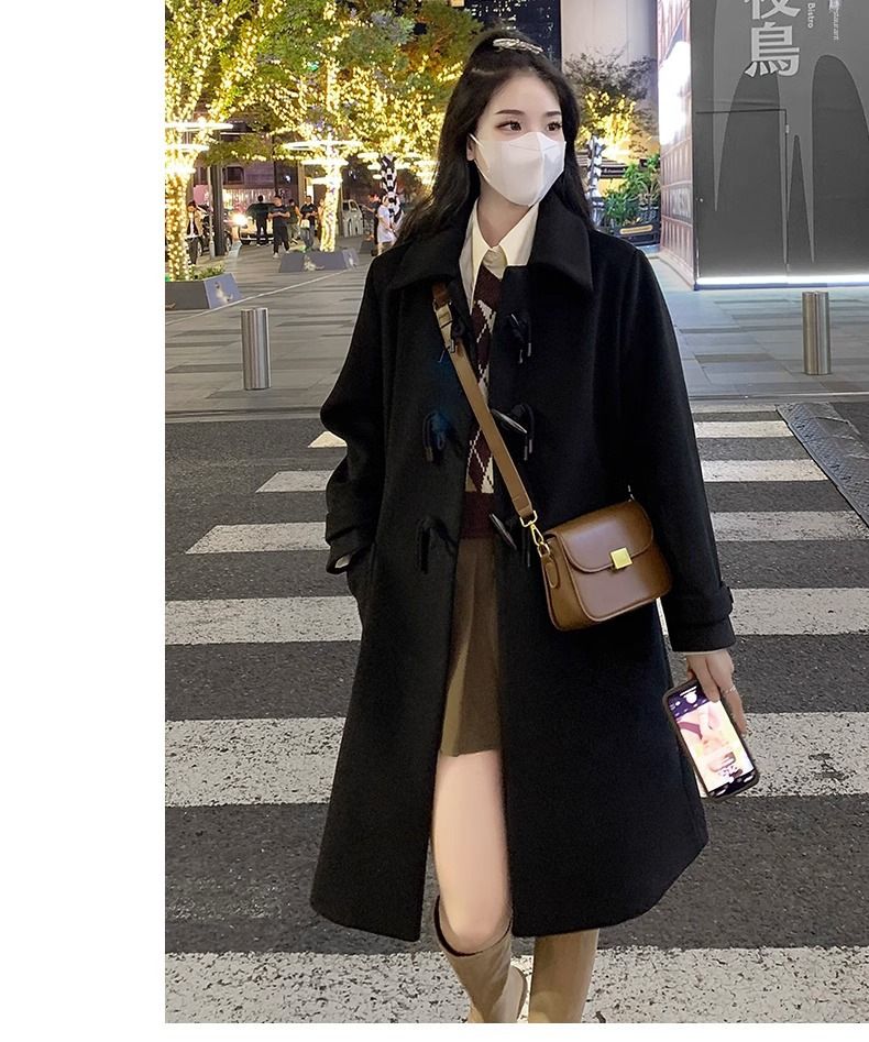 Women's woolen coat with horn buckle, autumn and winter 2023 New woolen coat, small mid-length Hepburn trendy_voghion.com