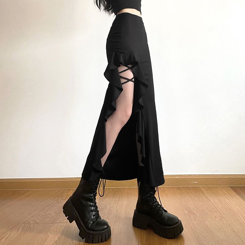 Abbigliamento da donna tinta unita gonna a fessura sull'anca con borsa a vita alta dimagrante moda di strada_voghion.com