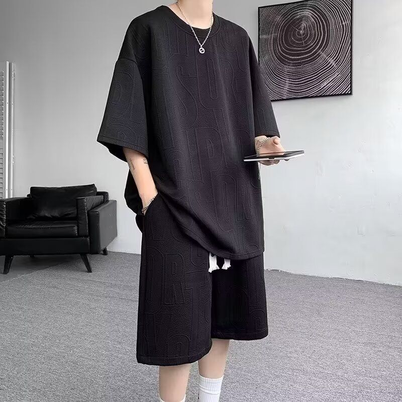 Short Sleeve Casual Sports For Men, Thin Summer Outfit, Loose Fit, Five-Point Shorts Two-Piece Set, Waffle Texture Suit_voghion.com