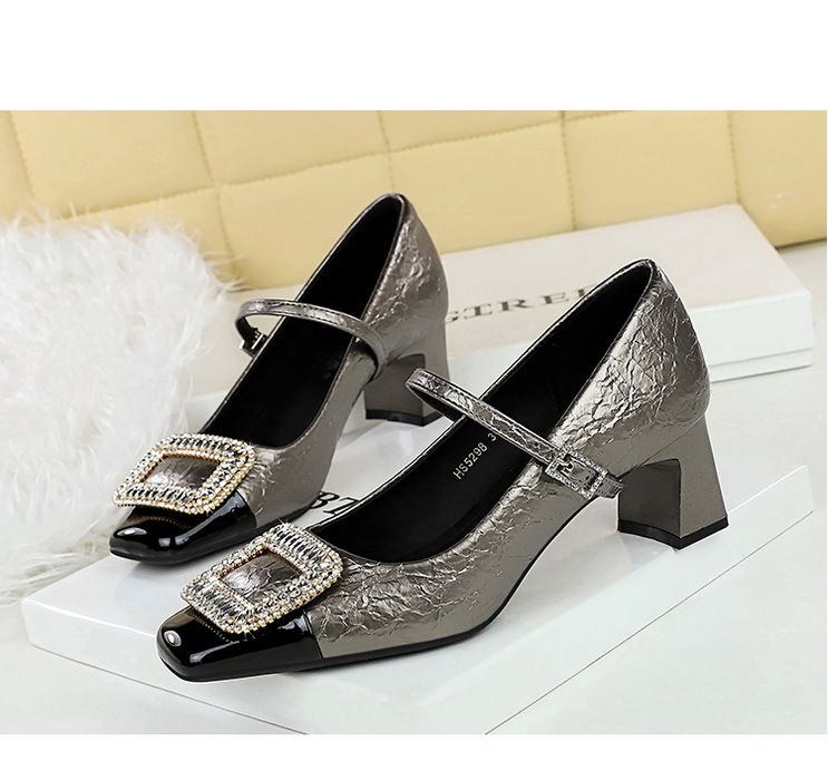 5298-K32 Scarpe da banchetto da donna con tacco medio grosso, punta quadrata, cinturino con fibbia in metallo con diamanti e bocca leggera, con blocchi di colore_voghion.com