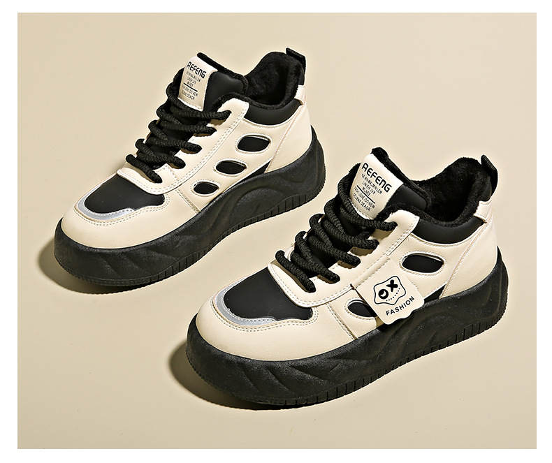 Cashmere and thick warm cotton shoes autumn and winter new leather platform sports shoes women's casual shoes Comfortable flats board shoes_voghion.com