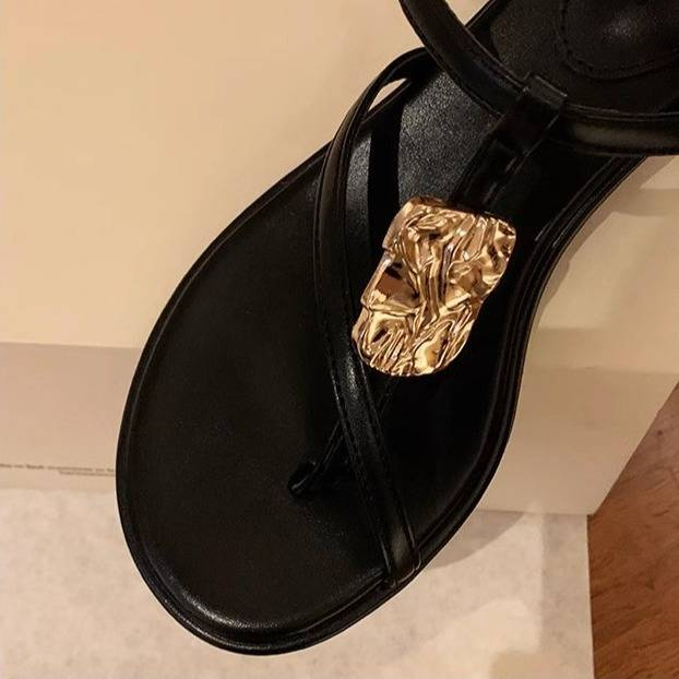 Damskie sandały na cienkim pasku z klamrą na palce i metalową sprzączką na grubym obcasie, ze skóry naturalnej, nowe na lato_voghion.com