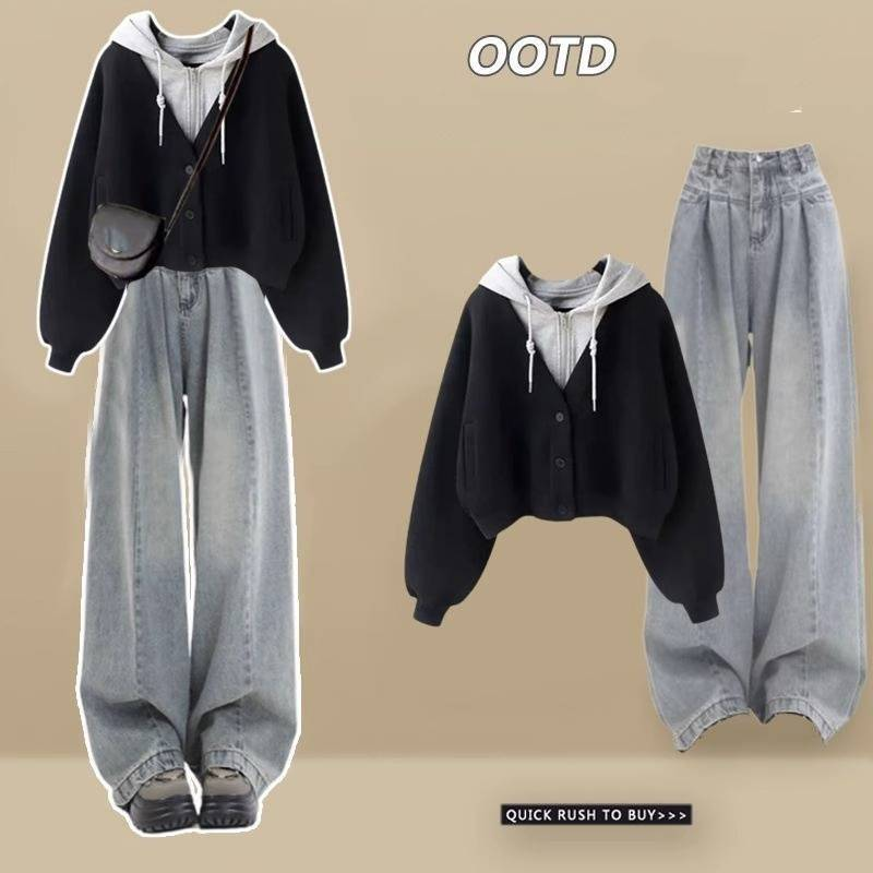 Dametøj Ny college-stil hættejakke denimbukser med vide ben i to dele_voghion.com