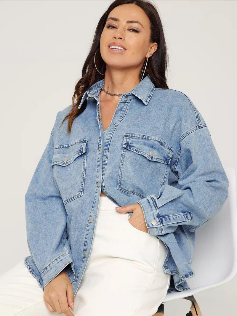Jeanshemd in Übergröße – Übergroßes, lässiges Chambray-Oberteil mit Knopfleiste für Damen, leichte, locker sitzende Jeansjacke für Damen_voghion.com